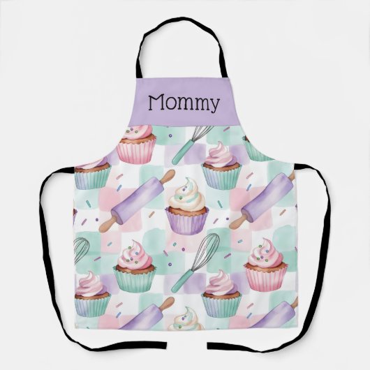 Personalized Mom Lavender Teal Cupcake Baking Crew エプロン (正面)
