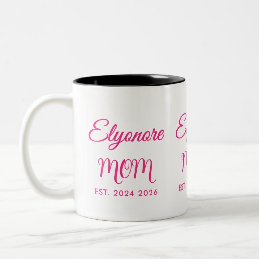 Personalized Mom Name Two Date Pink Script ツートーンマグカップ (左)