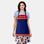 Personalized Mom Red White Blue Floral エプロン (着用した状態)