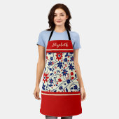 Personalized Mom Red White Blue Floral エプロン (着用した状態)