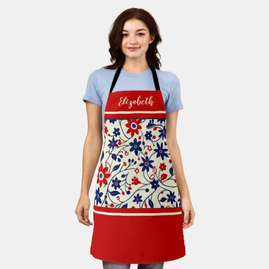 Personalized Mom Red White Blue Floral エプロン (着用した状態)