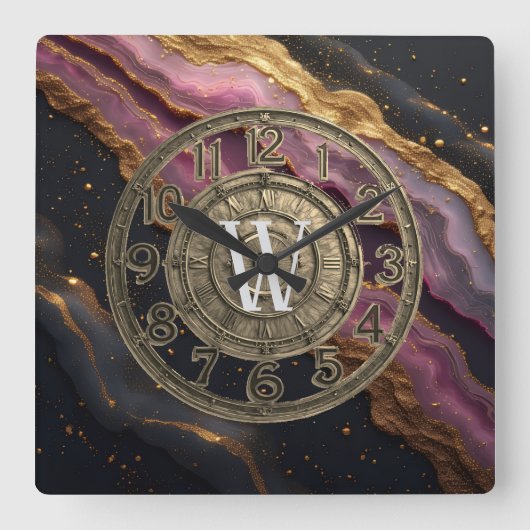 Personalized Monogram Agate Pink Rustic Metal Luxe スクエア壁時計 (正面)