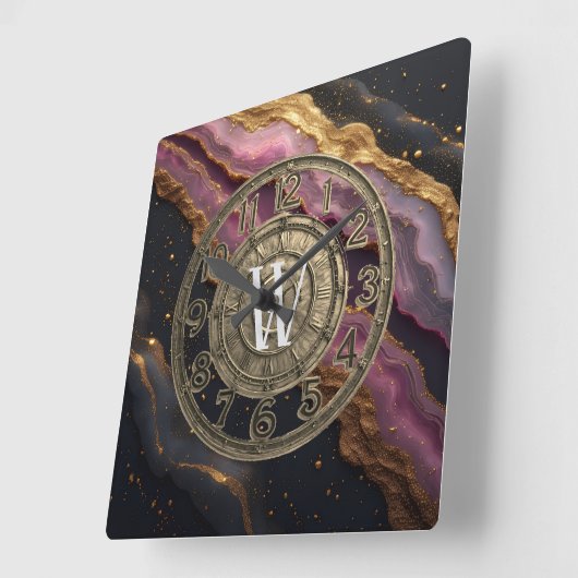 Personalized Monogram Agate Pink Rustic Metal Luxe スクエア壁時計 (傾斜)