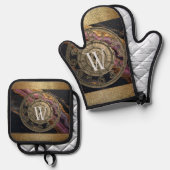 Personalized Monogram Agate Pink Rustic Metal Luxe 鍋つかみ&鍋敷きセット (正面/裏面)