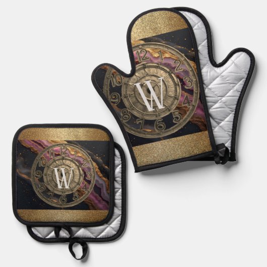 Personalized Monogram Agate Pink Rustic Metal Luxe 鍋つかみ&鍋敷きセット (正面/裏面)