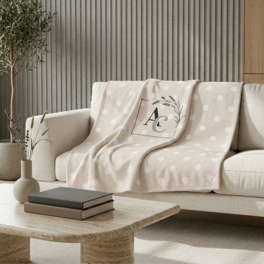 Personalized Monogram Beige Polka Dot Throw Gift フリースブランケット