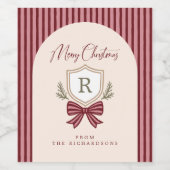 Personalized Monogram Crest Bow Merry Christmas ワインラベル (シングルラベル)