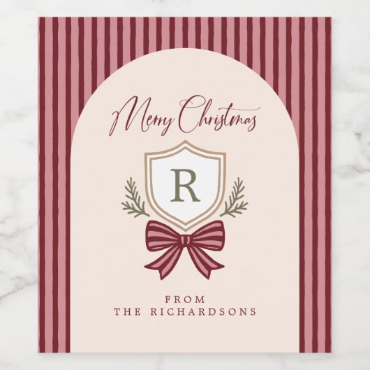 Personalized Monogram Crest Bow Merry Christmas ワインラベル (シングルラベル)