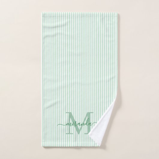 Personalized Monogram Green & White Stripes バスタオルセット (ハンドタオル)
