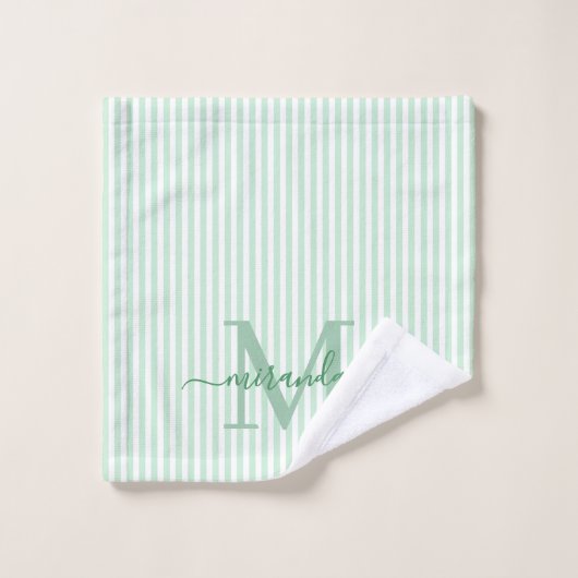 Personalized Monogram Green & White Stripes バスタオルセット (ウォッシュタオル)