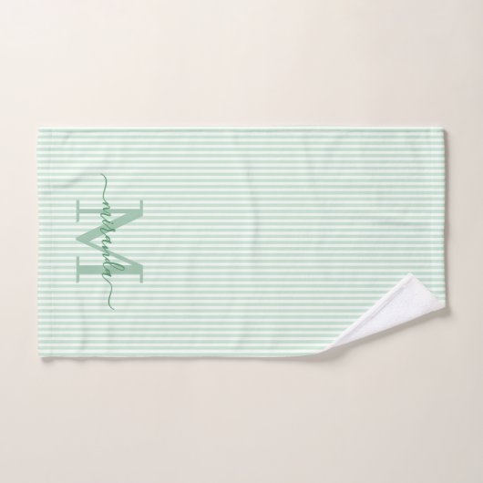 Personalized Monogram Green & White Stripes バスタオルセット (ハンドタオル)