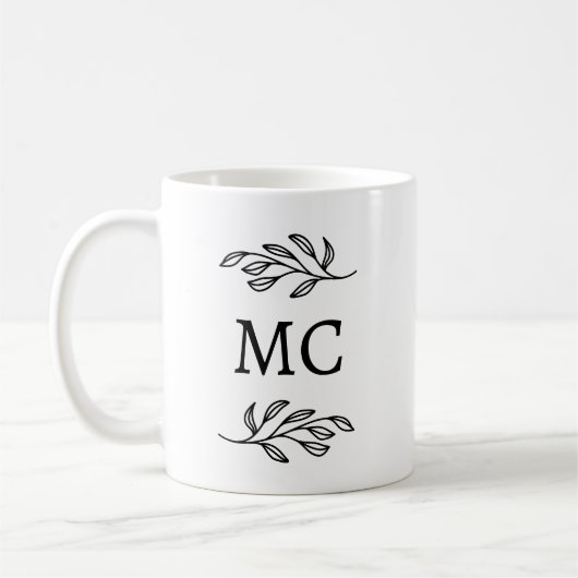 Personalized Monogram Initials Botanical Leaf Art コーヒーマグカップ (左)