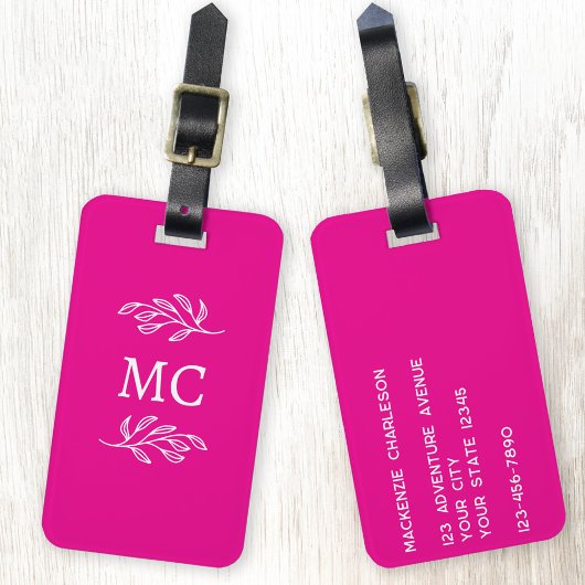 Personalized Monogram Initials Botanical Leaf Pink ラゲッジタグ