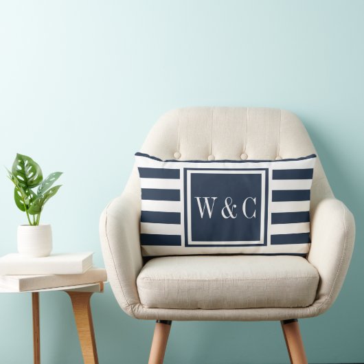Personalized Monogram Initials Navy Blue Stripe ランバークッション (椅子)