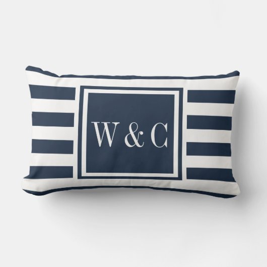 Personalized Monogram Initials Navy Blue Stripe ランバークッション (正面)