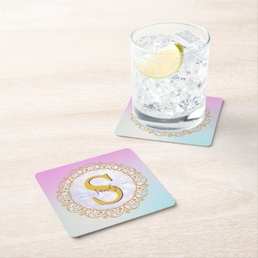 Personalized Monogram Mandala Gold and Blue スクエアペーパーコースター (インサイチュ)