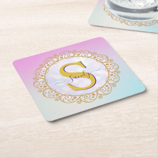 Personalized Monogram Mandala Gold and Blue スクエアペーパーコースター (アングル)