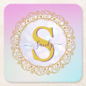 Personalized Monogram Mandala Gold and Blue スクエアペーパーコースター (正面)