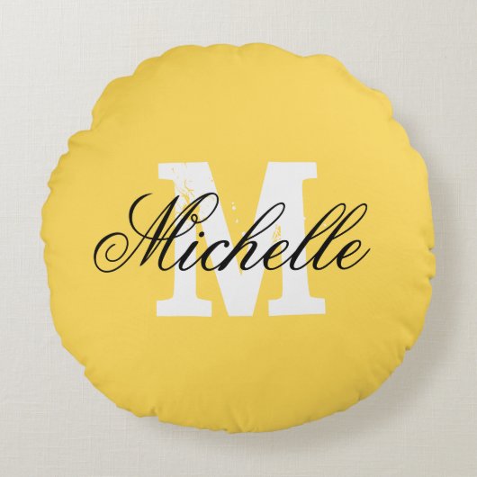 Personalized monogram mustard yellow round throw ラウンドクッション (正面)