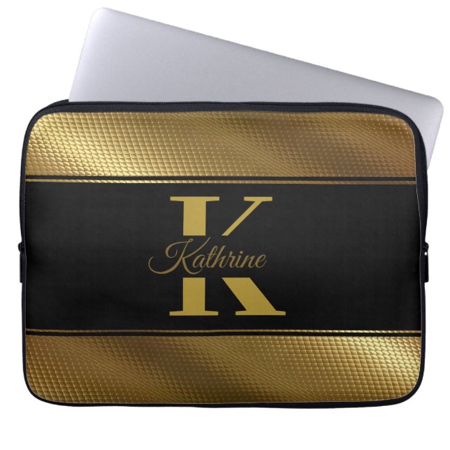 personalized monogram name golden black ラップトップスリーブ (正面)