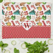 Personalized Monogram Red Hearts Gingerbread Xmas キッチンタオル (折り畳み)