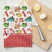 Personalized Monogram Red Hearts Gingerbread Xmas キッチンタオル (四つ折り)