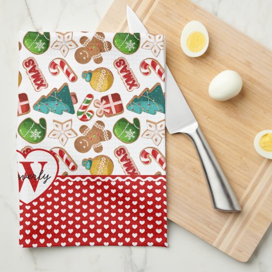 Personalized Monogram Red Hearts Gingerbread Xmas キッチンタオル (四つ折り)