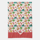 Personalized Monogram Red Hearts Gingerbread Xmas キッチンタオル (縦)