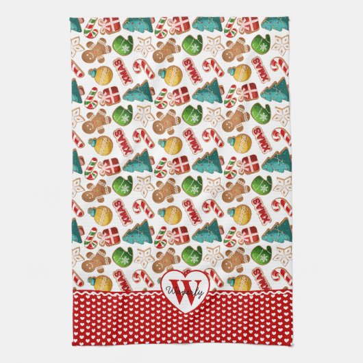 Personalized Monogram Red Hearts Gingerbread Xmas キッチンタオル (縦)