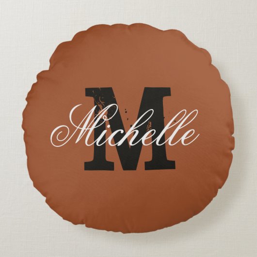 Personalized monogram sienna brown round throw ラウンドクッション (正面)
