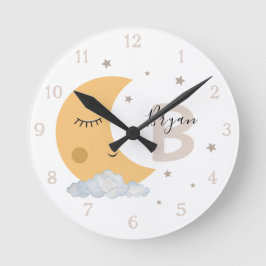 Personalized Moon Nursery Wall Clock Neutral Beige ラウンド壁時計