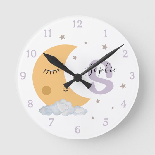 Personalized Moon & Stars Nursery Clock Lavender ラウンド壁時計 (正面)