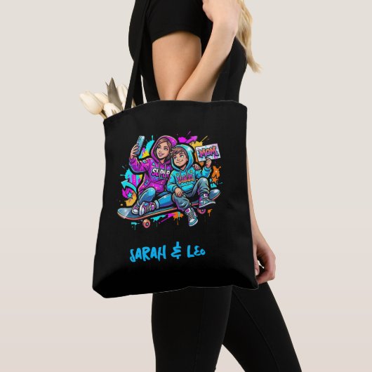 Personalized Mother & Son Graffiti Art Black Tote トートバッグ (クローズアップ)