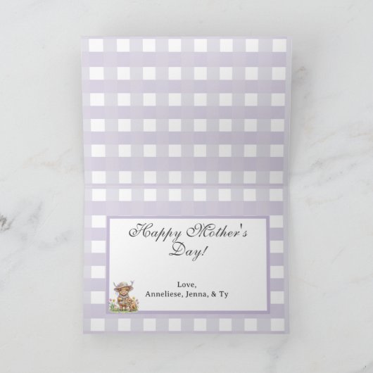 Personalized Mother's Day Highland Cow Gingham カード (内部)