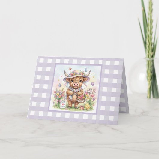 Personalized Mother's Day Highland Cow Gingham カード (正面)