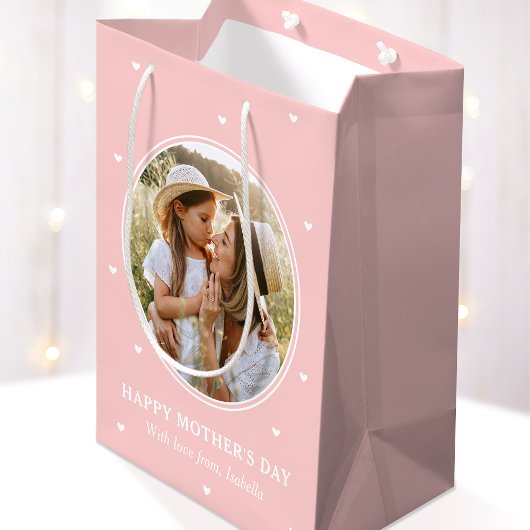 Personalized Mother's Day Photos Cute Pink White ミディアムペーパーバッグ