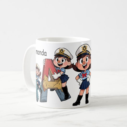 Personalized  Name & A Sailor Cartoon Character  コーヒーマグカップ (正面左)
