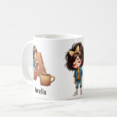 Personalized Name & A Sleepy Morning Plaid Charact コーヒーマグカップ (正面左)