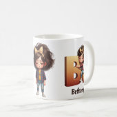 Personalized Name & B Sleepy Morning Plaid Charact コーヒーマグカップ (正面右)