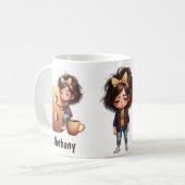 Personalized Name & B Sleepy Morning Plaid Charact コーヒーマグカップ (正面左)