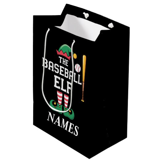 Personalized Name Baseball Elf Family Matching ミディアムペーパーバッグ (正面アングル)