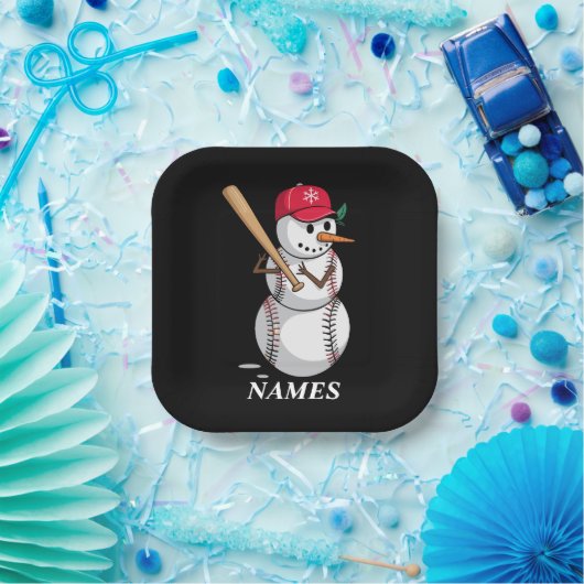 Personalized Name Baseball Snowman Balls Snow Xmas ペーパープレート (パーティー)