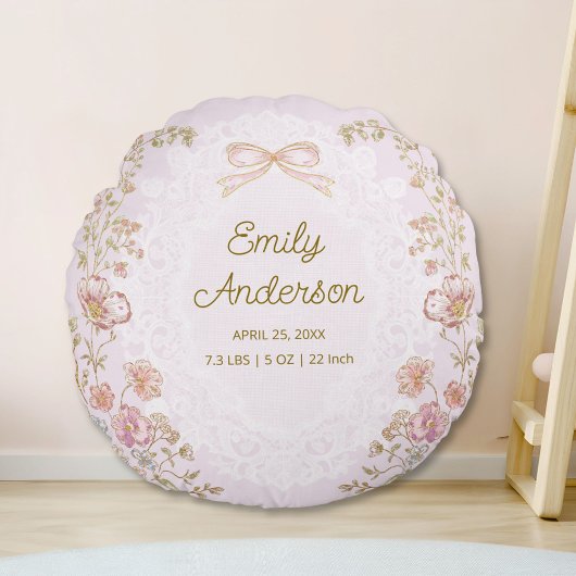 Personalized Name Birth Stats Watercolor Floral ラウンドクッション