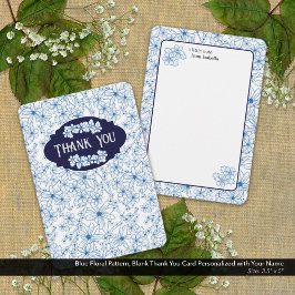 Personalized Name Blue Floral Pattern, Blank サンキューカード