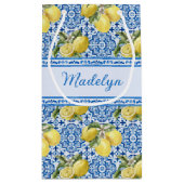 Personalized Name Blue Tile Mediterranean Lemon スモールペーパーバッグ (裏面)