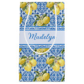 Personalized Name Blue Tile Mediterranean Lemon スモールペーパーバッグ (正面)