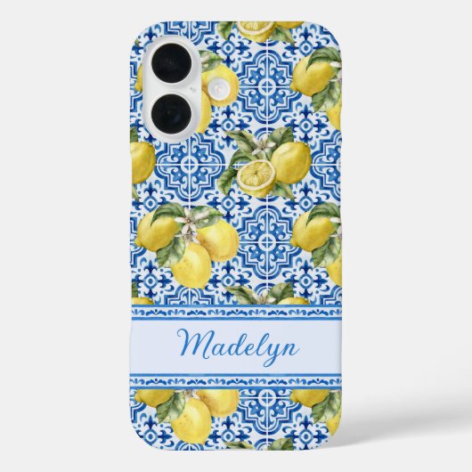 Personalized Name Blue Tile Mediterranean Lemon Case-Mate iPhoneケース (裏面)