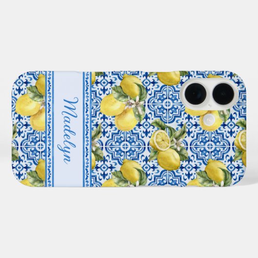 Personalized Name Blue Tile Mediterranean Lemon Case-Mate iPhoneケース (裏面 (横))