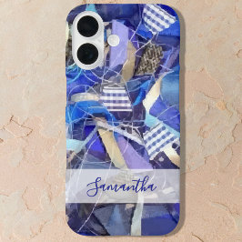 Personalized Name Blue White Lilac Abstract Stripe iPhone 16ケース