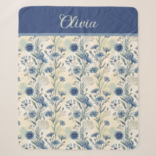 Personalized Name Blue Wildflowers シェルパブランケット (正面)